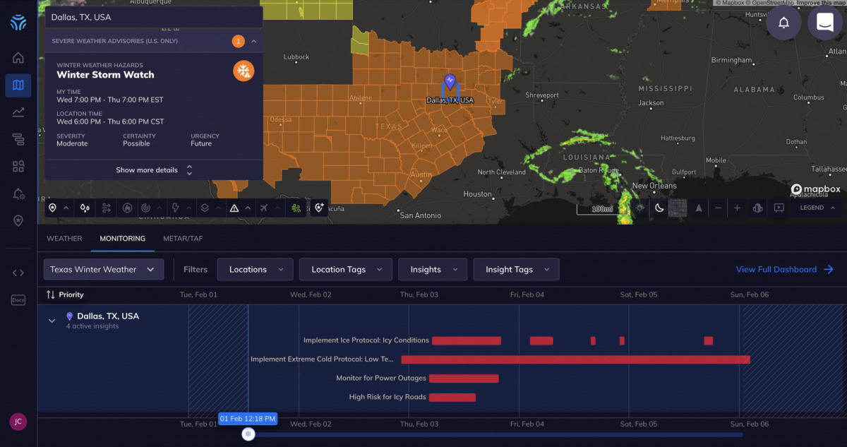 An Insights Dashboard and Map view from Tomorrow.io’s platform shows threats from ice and falling temperatures across Central Texas beginning Wednesday night.