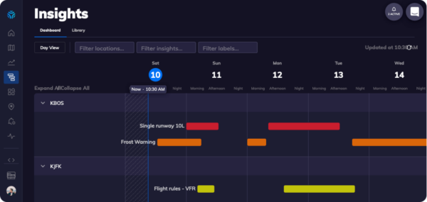 A weather technology dashboard shows an upcoming frost warning for airlines.