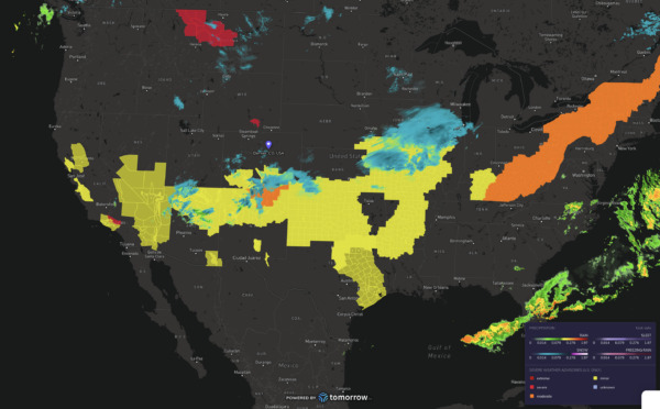 Tomorrow.io’s Map shows winter weather advisories already in effect over the Rockies and into the Central Plains as we move into the weekend.