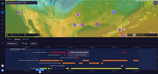 Tomorrow.io’s Insights Dashboard shows an Alert to implement cold weather protocols at the Austin-Bergstrom International Airport.