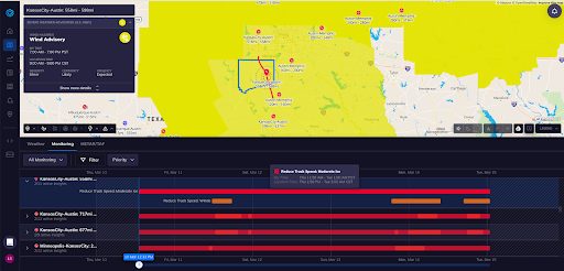 Tomorrow.io’s Insights Dashboard shows Alerts to consider reducing truck speeds in Kansas City due to moderate ice and winds throughout the weekend.