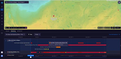 Tomorrow.io’s Insights Dashboard shows an Alert for Globe Life Park in Arlington, TX to stock up on hot drinks and food in preparation for extreme cold.