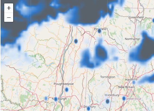 A visual representation of clouds covering a specific geographic area using Tomorrow.io's weather API.