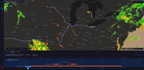 Tomorrow.io's Insights Dashboard provides logistics companies with insight into weather-related disruptions at the route level.