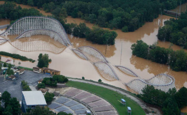 Six Flags of Georgia Amusement Park being submerged by the fast-rising flood waters 