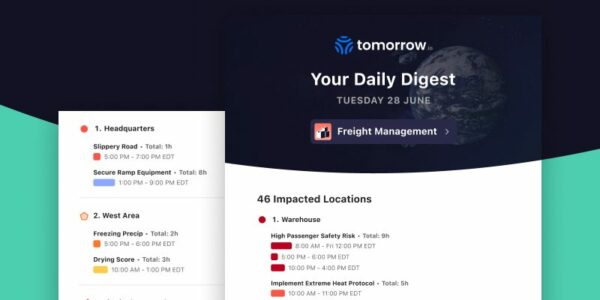 Tomorrow.io's new Email Digests feature that allows admins to receive daily or weekly summaries of expected weather impact for all locations in their inbox.