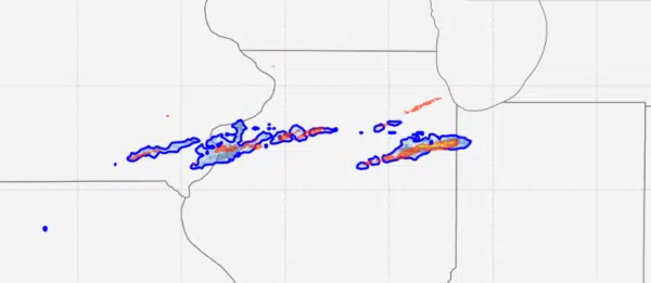 Progressive zoom: From regional corridor to address-level precision. The blue contours show FOCUS hail probability ≥50%; orange shows MRMS-observed hail ≥25mm — confirming forecast accuracy.