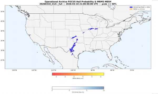 March 10, 2026: The SPC outlook covers a massive swath from Texas to Illinois. The FOCUS model isolates the specific corridors where hail probability exceeds 50%.