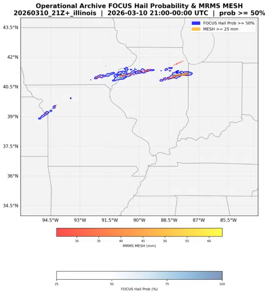 Progressive zoom: From regional corridor to address-level precision. The blue contours show FOCUS hail probability ≥50%; orange shows MRMS-observed hail ≥25mm — confirming forecast accuracy.