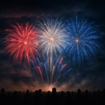 Red, white, and blue fireworks bursting above a silhouetted crowd under a cloudy night sky