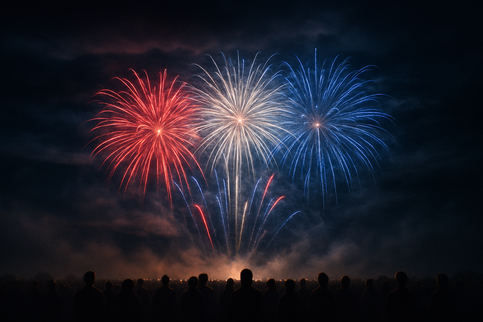 Red, white, and blue fireworks bursting above a silhouetted crowd under a cloudy night sky