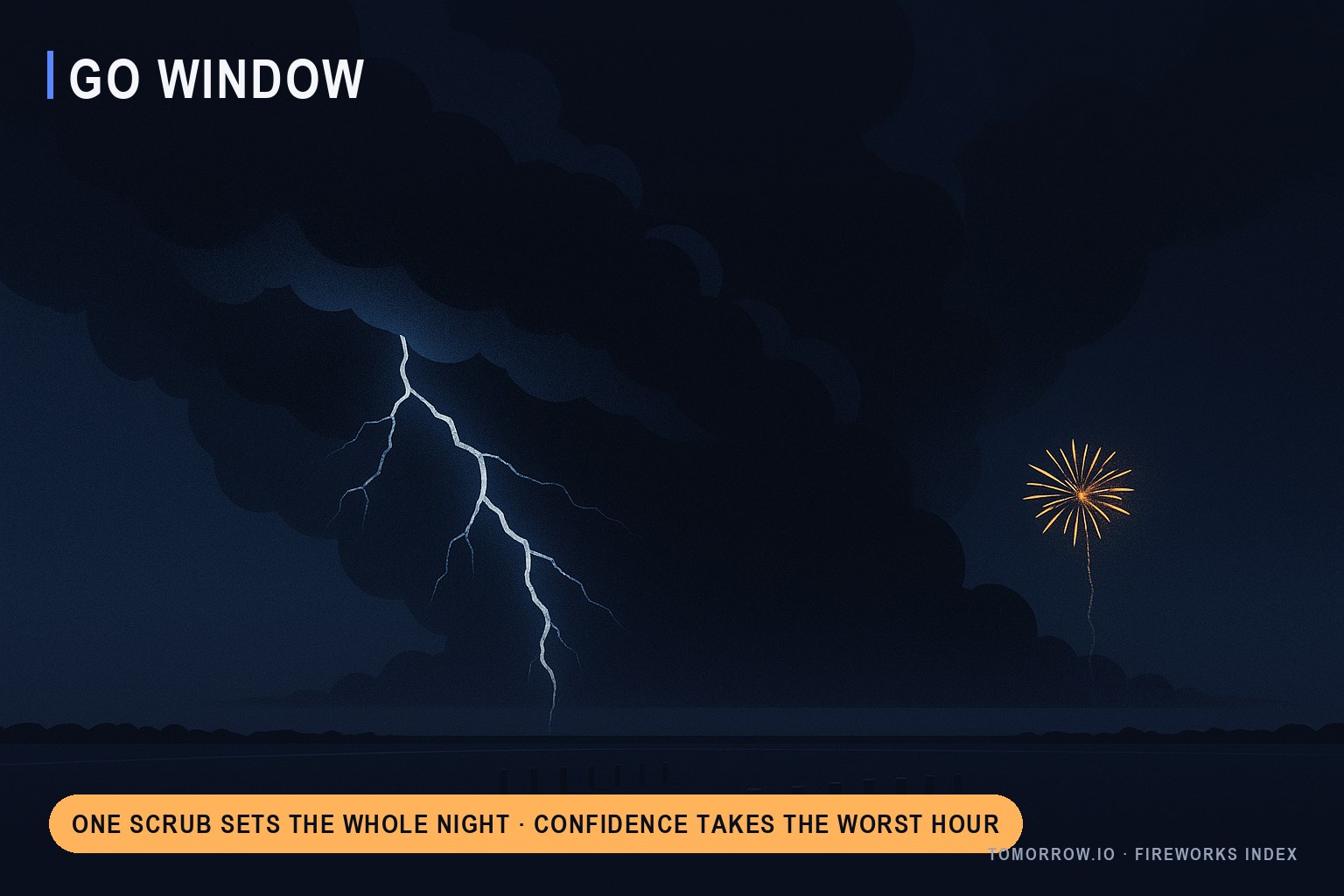 Infographic: a storm and lightning rolling toward a launch site; one scrub sets the whole night.