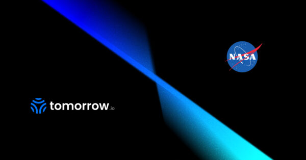 Tomorrow.io and NASA logos on a stylized blue beam — NASA's Commercial Data Program validates Tomorrow.io's spaceborne precipitation radar