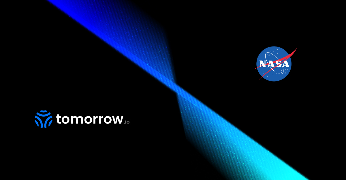 Tomorrow.io and NASA logos on a stylized blue beam — NASA's Commercial Data Program validates Tomorrow.io's spaceborne precipitation radar