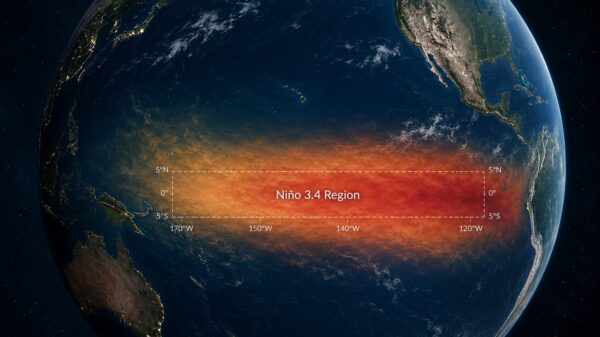 Sea-surface temperature anomaly map showing the warm Niño-3.4 region across the equatorial Pacific