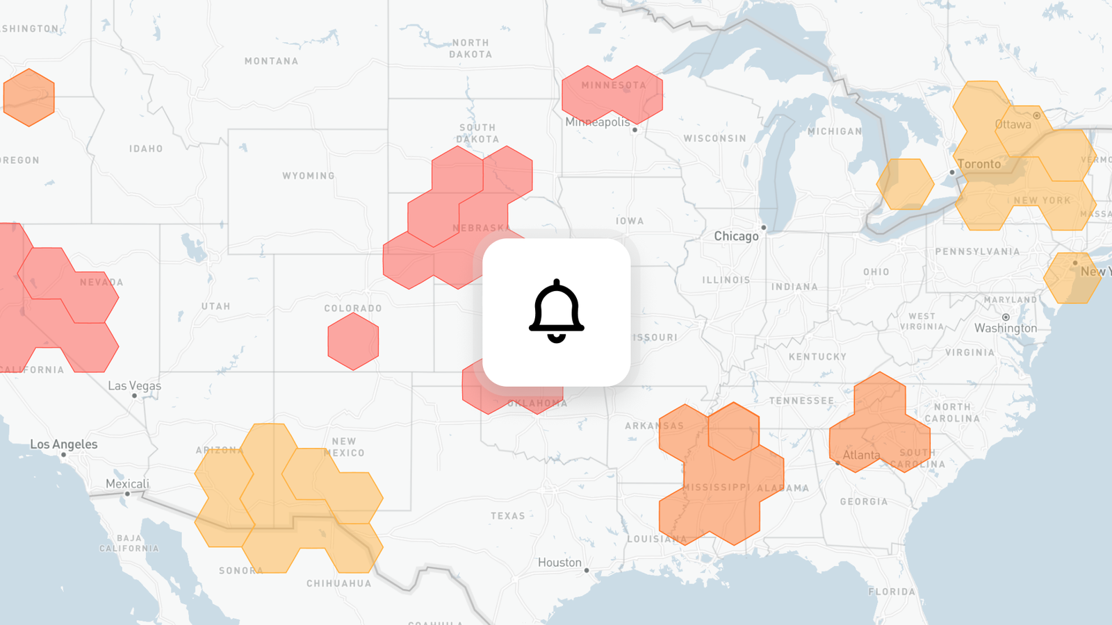Alerts on a map — hexagonal alert regions across the U.S. by severity, with a single notification bell