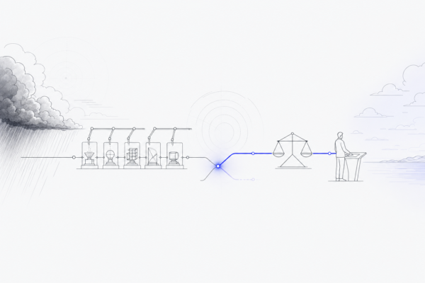 Illustration: a storm feeds a pipeline that narrows to one glowing decision fork, resolving to a person at a calm horizon