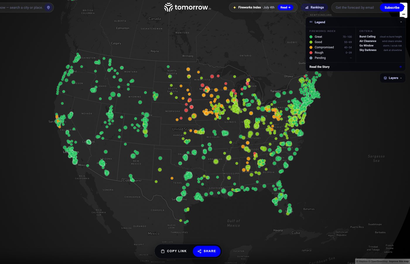 The Tomorrow.io Fireworks Index live map — every U.S. July 4th show scored and color-coded