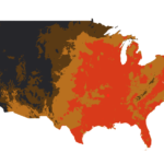 Heat-index map of the contiguous United States at the peak of the 2026 heat wave, read from Tomorrow.io's FOCUS model — the eastern two-thirds of the country in the caution-to-danger range