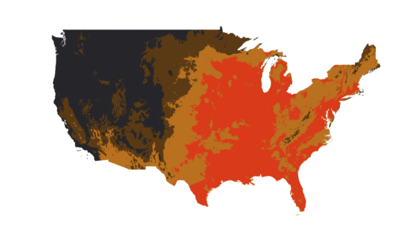 Heat-index map of the contiguous United States at the peak of the 2026 heat wave, read from Tomorrow.io's FOCUS model — the eastern two-thirds of the country in the caution-to-danger range
