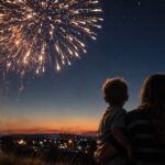 A mother and her young son watch a golden firework burst light up the dusk sky on the Fourth of July