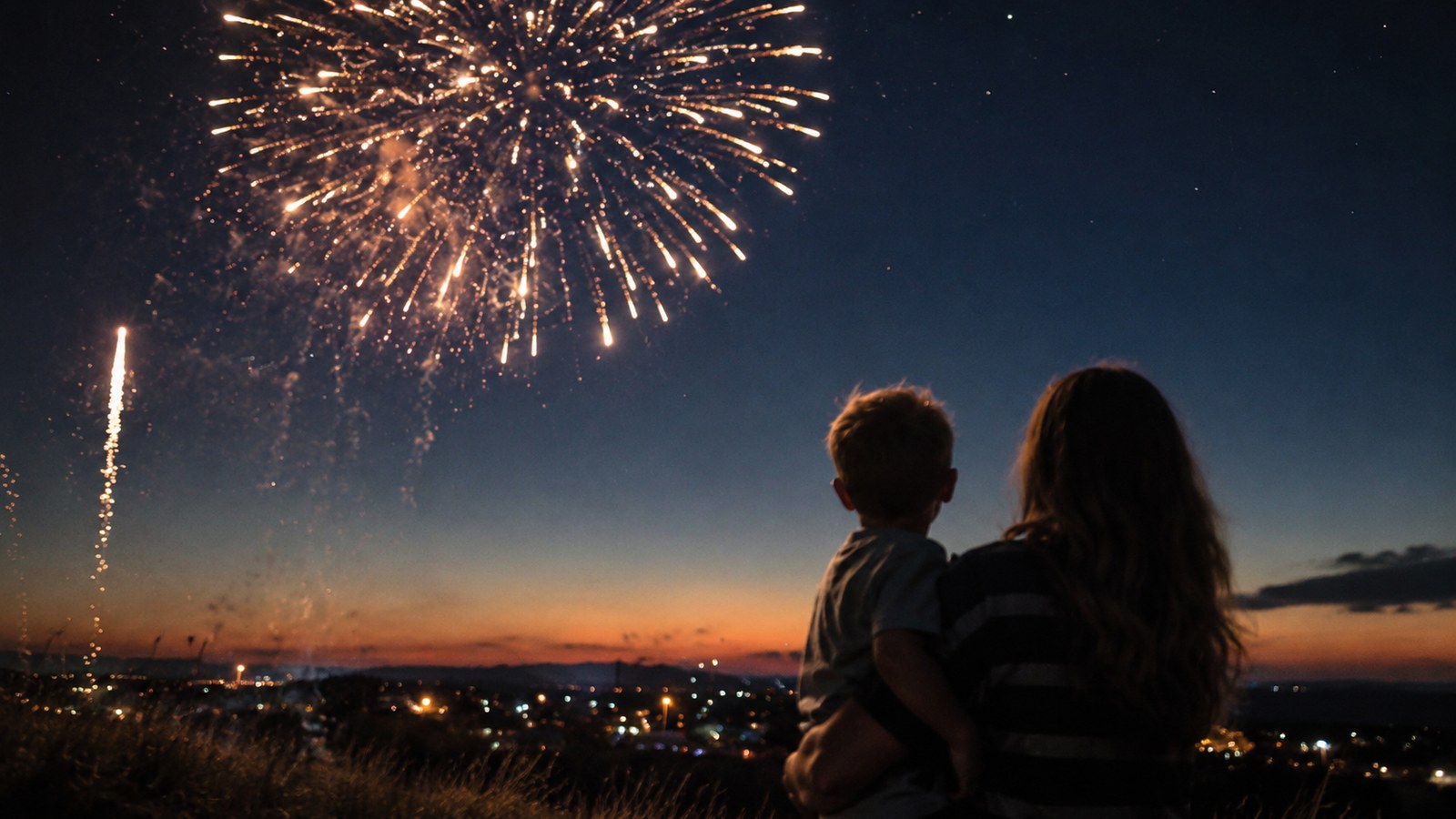 A mother and her young son watch a golden firework burst light up the dusk sky on the Fourth of July