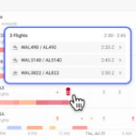 The Insights Timeline — airport rows with active-insight bars, a storm window opened to list the three specific flights it touches