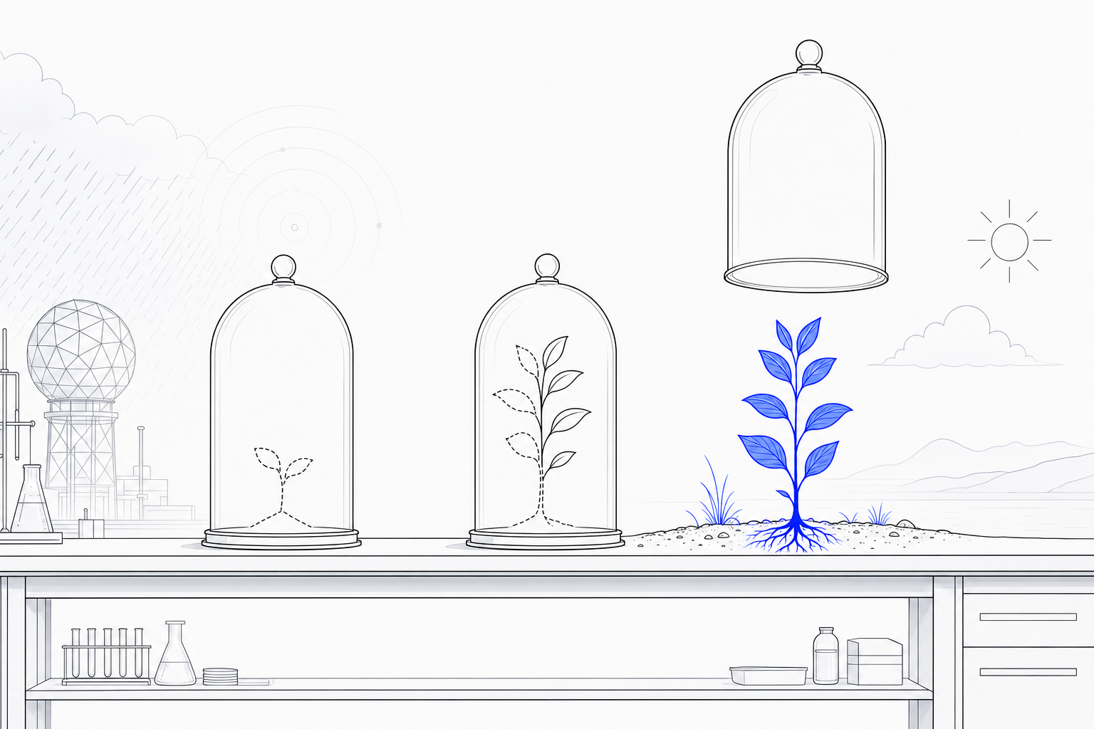 Illustration: three bell jars showing a plant from a dashed seedling to a solid blue plant in open ground