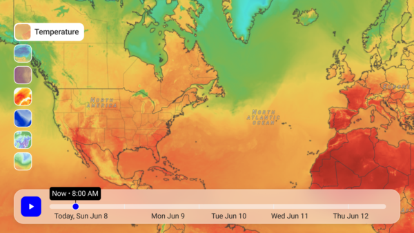 The Lite Map — a full-screen temperature map with a layer selector and a scrubbable multi-day time slider