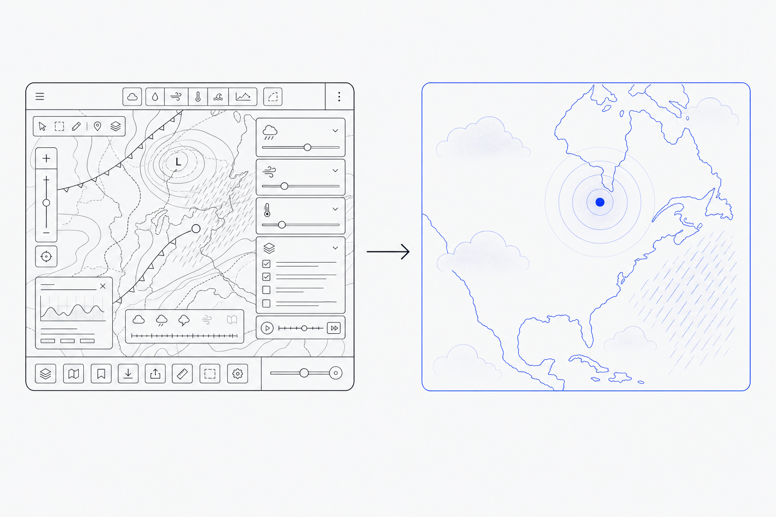 Illustration: a cluttered map panel crowded with widgets on the left, an arrow to a clean spacious map in blue on the right