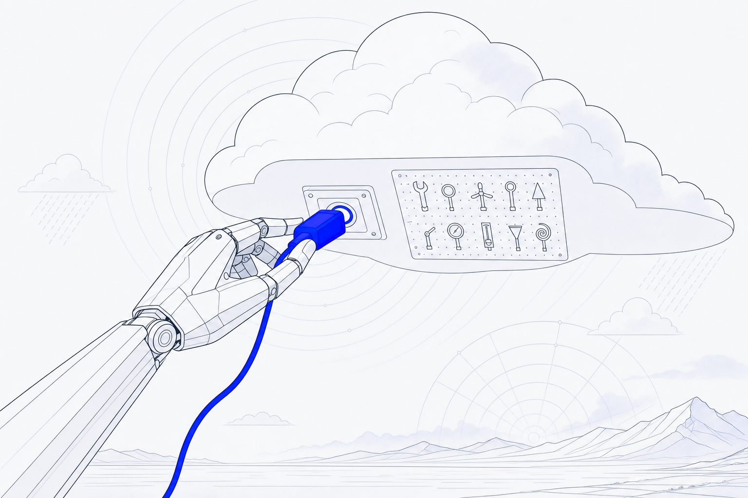 Illustration: a robotic hand plugging a connector into a socket embedded in a cloud, radar rings rippling out