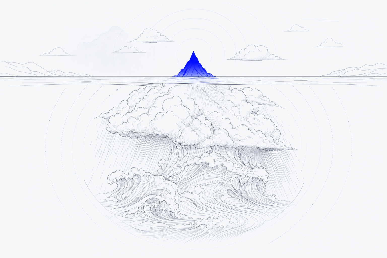 Illustration: a small, calm blue raindrop in the foreground dwarfed by a large storm and flood wave rising behind it that the single number gives no hint of
