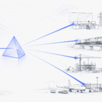 Illustration: a single blue accumulation reading enters a prism and fans out into separate beams landing on a utility desk, a rail line, a construction site, and an airport gate — one number, many values