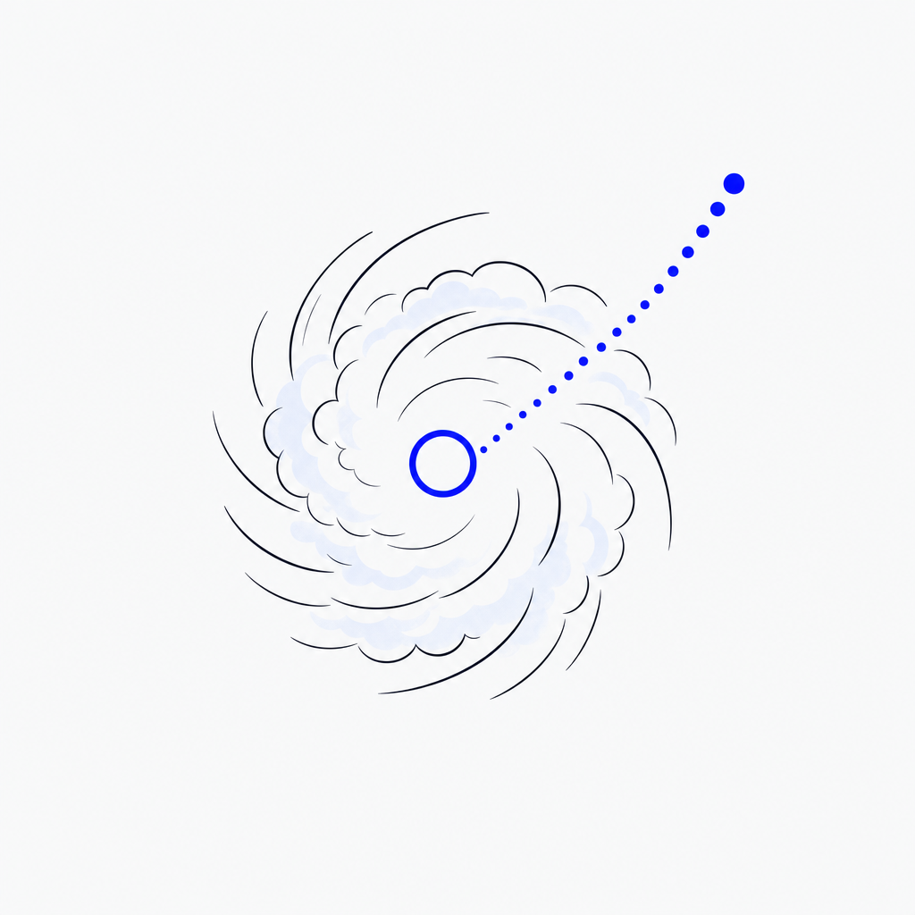 Illustration of the Tropical Cyclones block: a cyclone spiral with a forecast track of dots