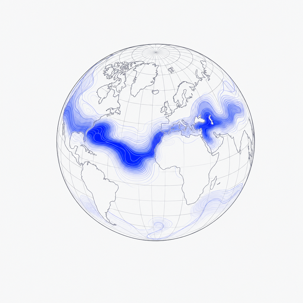 Illustration of the Atmospheric 3D Globe: a wireframe globe with volumetric data wrapping a region
