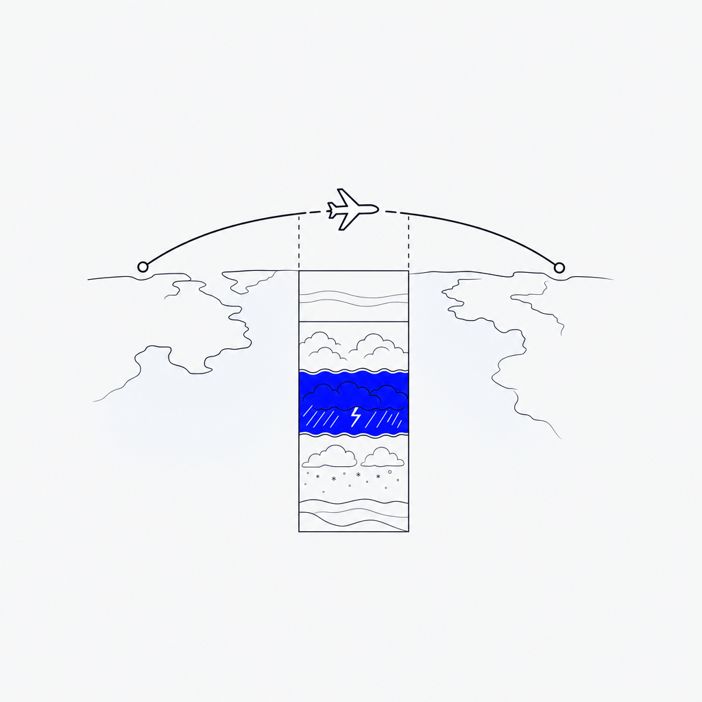 Illustration of RouteWX: a flight path arcing across a map with an altitude weather cross-section beneath it