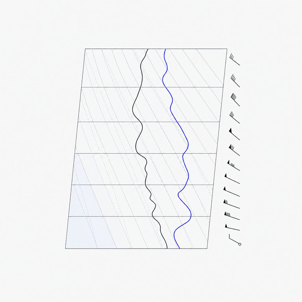 Illustration of the Skew-T Explorer: two curved sounding profiles on a skewed thermodynamic grid