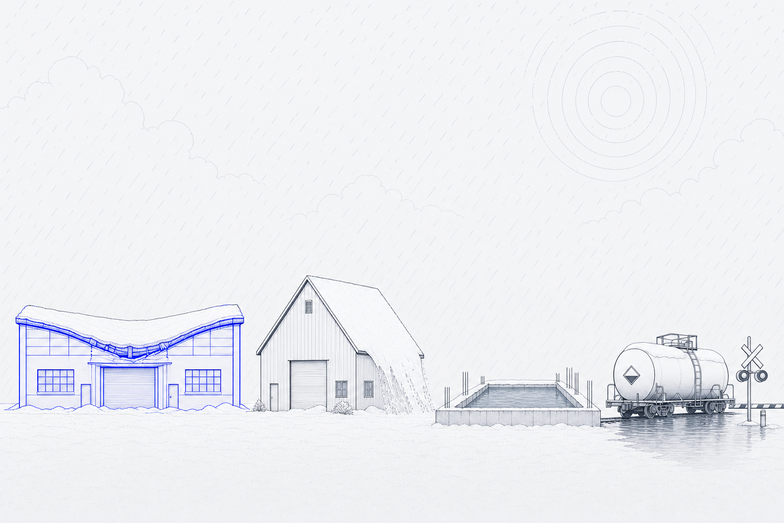 Illustration: the same snowfall falling on four different exposures — an old flat roof buckling under snow load, a new pitched roof shedding it, an open foundation pit filled with water, and a hazardous-materials rail car at a flooded low crossing