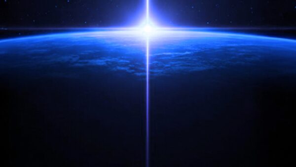 Earth's limb seen from orbit, lit by a vertical beam of light