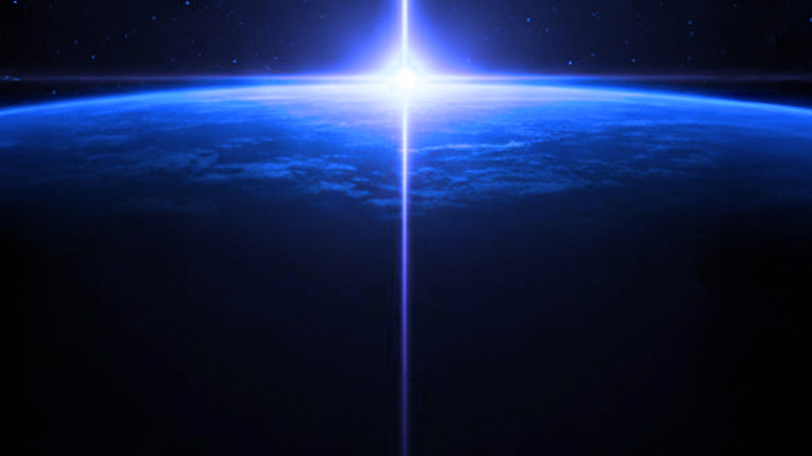 Earth's limb seen from orbit, lit by a vertical beam of light