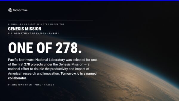 Title card over Earth's limb seen from orbit, the atmosphere lit along the day-night terminator: a PNNL-led project selected under the Genesis Mission, U.S. Department of Energy, Phase I. One of 278.