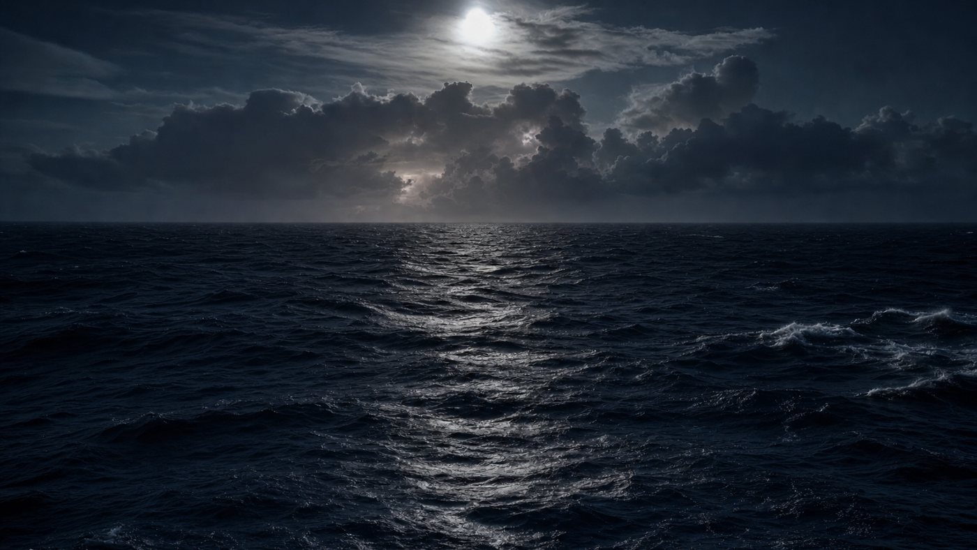 Open ocean at night under broken cloud, moonlight on the swell, no land or instrument in sight