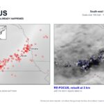 South-east Nebraska, 9 August 2025: the global record's 31 km squares show no storm; RE-FOCUS, rebuilt at 3 km with the storm reports taken in, shows its track from south-west of Lincoln to Omaha.