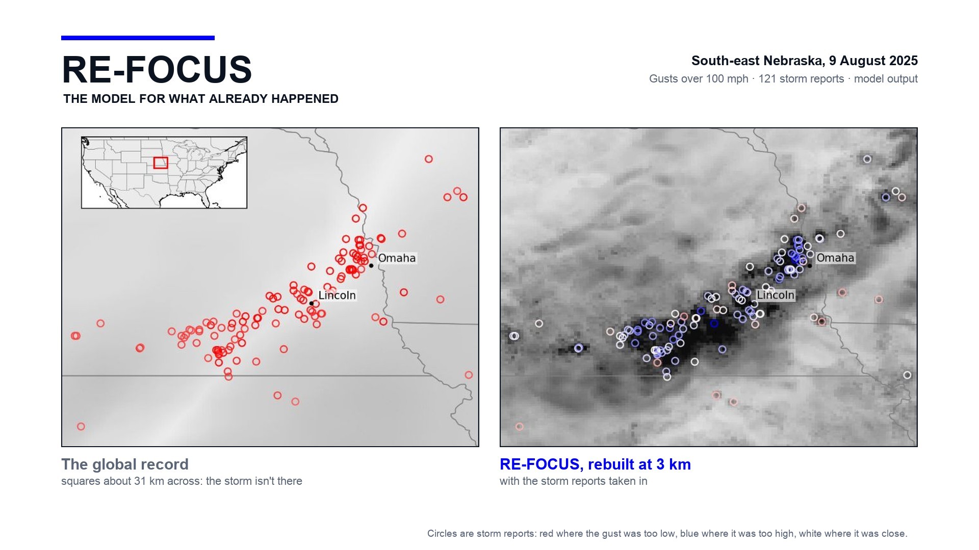 South-east Nebraska, 9 August 2025: the global record's 31 km squares show no storm; RE-FOCUS, rebuilt at 3 km with the storm reports taken in, shows its track from south-west of Lincoln to Omaha.
