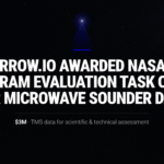 Tomorrow.io awarded NASA CSDA Program Evaluation Task Order for Microwave Sounder Data, headline over a night sky beneath a single satellite beacon