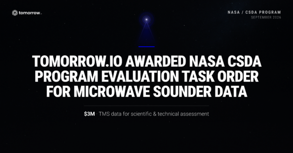Tomorrow.io awarded NASA CSDA Program Evaluation Task Order for Microwave Sounder Data, headline over a night sky beneath a single satellite beacon
