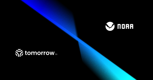 Tomorrow.io and NOAA logos on either side of a stylized blue beam
