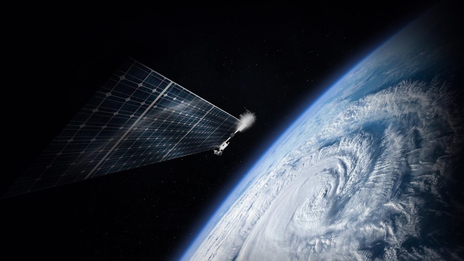 Render of a DeepSky spacecraft with a large solar array above Earth, a hurricane below.
