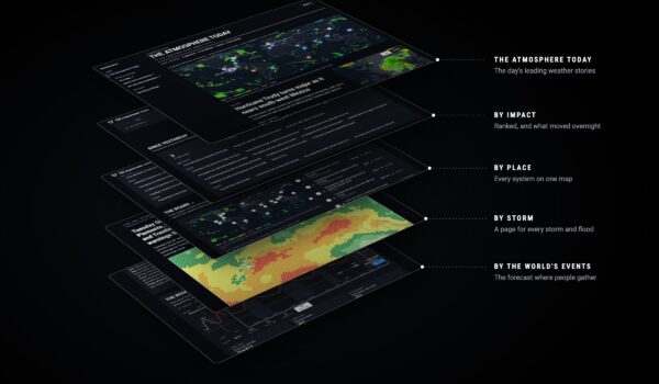 The Tomorrow.io Terminal shown as a stack of dark pages: The Atmosphere Today on top with the world's rain in cells, then pages organized by impact, by place, by storm and by the world's events.